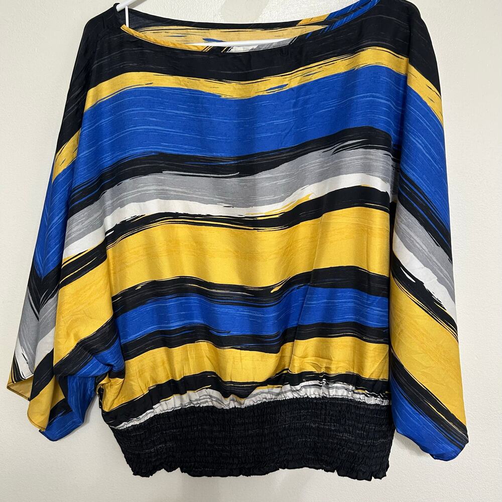 Michael Michael Kors 100% Silk Striped Blouse XL Blue Yellow